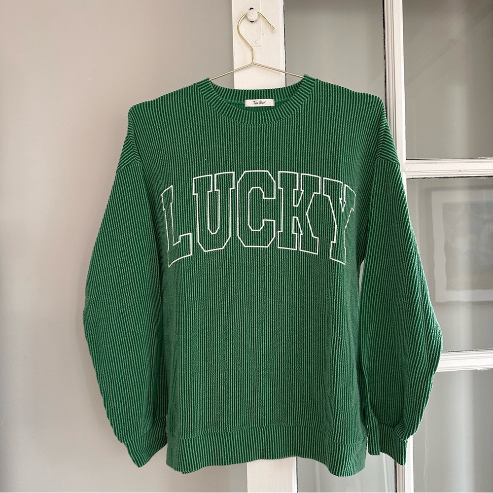 Lucky Green Ribbed Crewneck Sweater, Size Medium